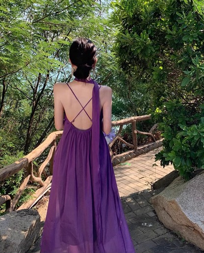 Elegant Loose Style Tulle Layered Maxi Dress Coastal Trips Spaghetti Strap Purple Long Dress AP1192