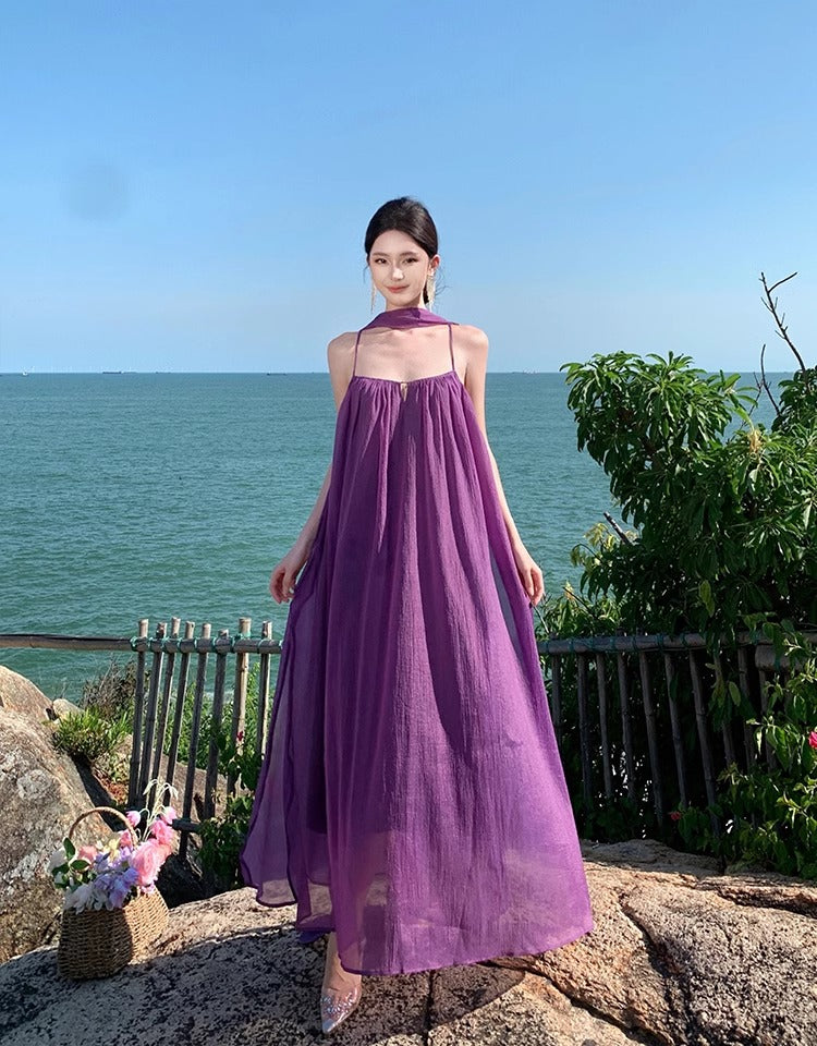 Elegant Loose Style Tulle Layered Maxi Dress Coastal Trips Spaghetti Strap Purple Long Dress AP1192