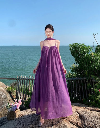 Elegant Loose Style Tulle Layered Maxi Dress Coastal Trips Spaghetti Strap Purple Long Dress AP1192