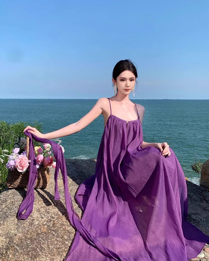 Elegant Loose Style Tulle Layered Maxi Dress Coastal Trips Spaghetti Strap Purple Long Dress AP1192