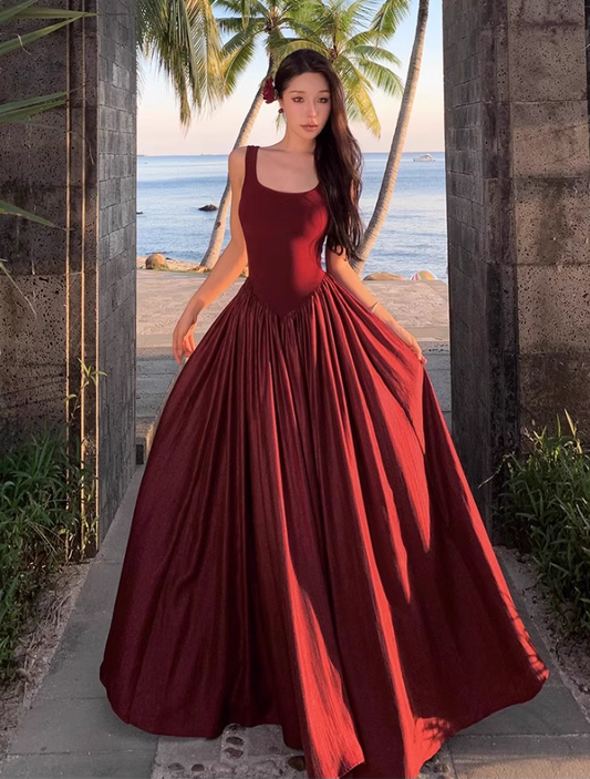 Glamorous Square Neckline Lustrous Fabric Maxi Dress Vibrant Red Backless Long Dress AP1193