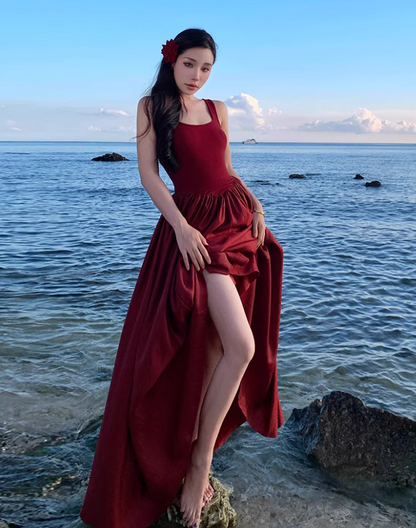 Glamorous Square Neckline Lustrous Fabric Maxi Dress Vibrant Red Backless Long Dress AP1193