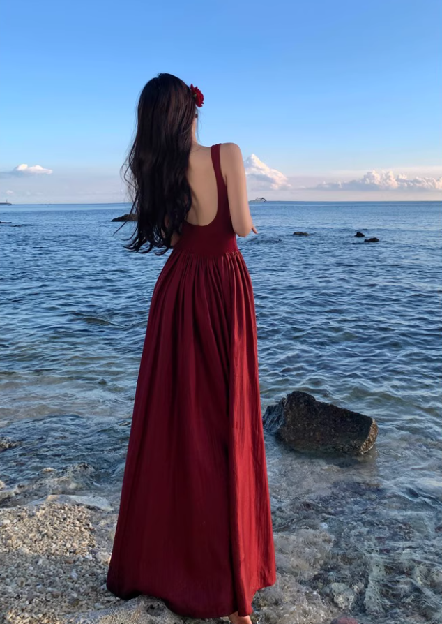 Glamorous Square Neckline Lustrous Fabric Maxi Dress Vibrant Red Backless Long Dress AP1193