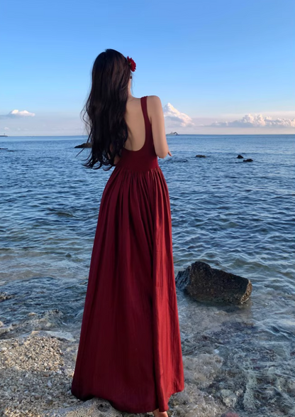 Glamorous Square Neckline Lustrous Fabric Maxi Dress Vibrant Red Backless Long Dress AP1193