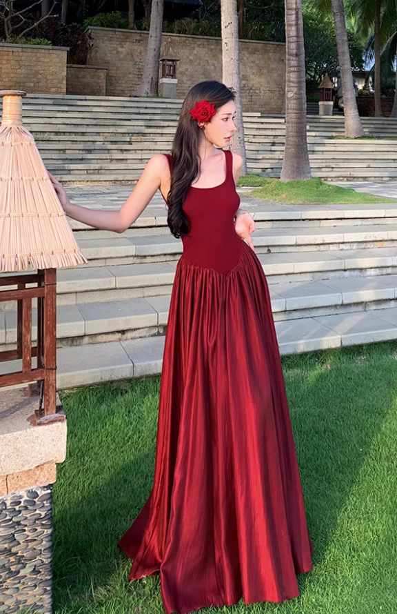 Glamorous Square Neckline Lustrous Fabric Maxi Dress Vibrant Red Backless Long Dress AP1193
