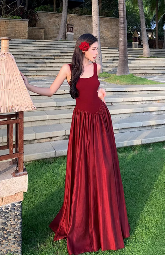 Glamorous Square Neckline Lustrous Fabric Maxi Dress Vibrant Red Backless Long Dress AP1193