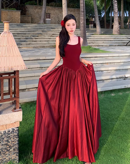 Glamorous Square Neckline Lustrous Fabric Maxi Dress Vibrant Red Backless Long Dress AP1193