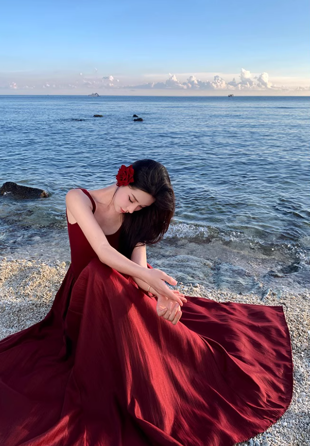 Glamorous Square Neckline Lustrous Fabric Maxi Dress Vibrant Red Backless Long Dress AP1193