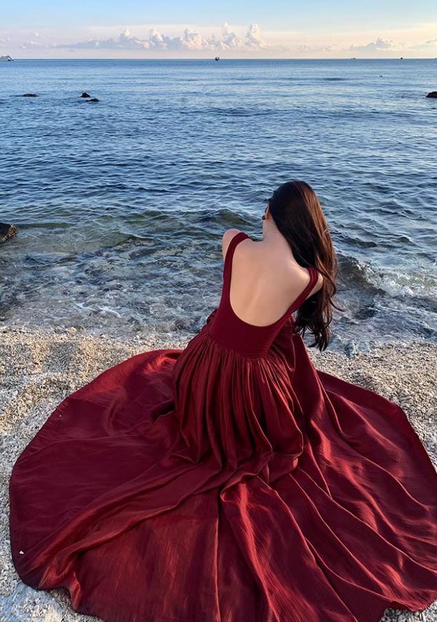 Glamorous Square Neckline Lustrous Fabric Maxi Dress Vibrant Red Backless Long Dress AP1193