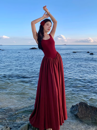 Glamorous Square Neckline Lustrous Fabric Maxi Dress Vibrant Red Backless Long Dress AP1193