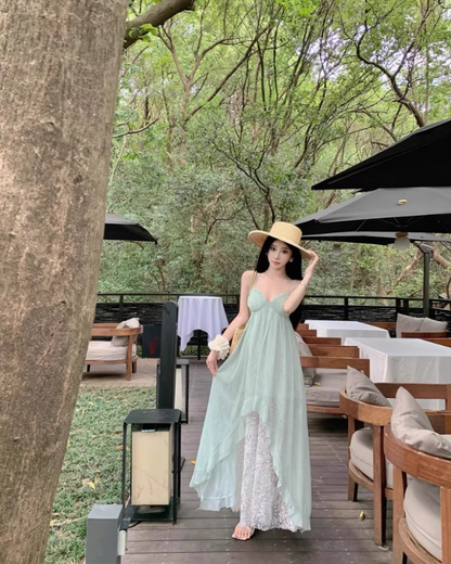 Ethereal Asymmetric Hem Mint Green Maxi Dress Lace Splicing Spaghetti Strap Long Dress AP1195