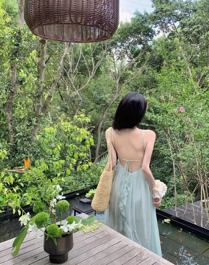 Ethereal Asymmetric Hem Mint Green Maxi Dress Lace Splicing Spaghetti Strap Long Dress AP1195