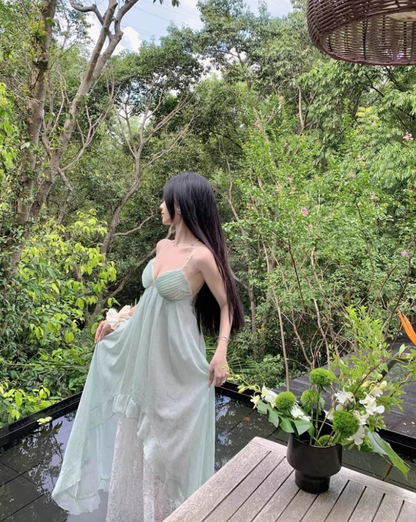 Ethereal Asymmetric Hem Mint Green Maxi Dress Lace Splicing Spaghetti Strap Long Dress AP1195
