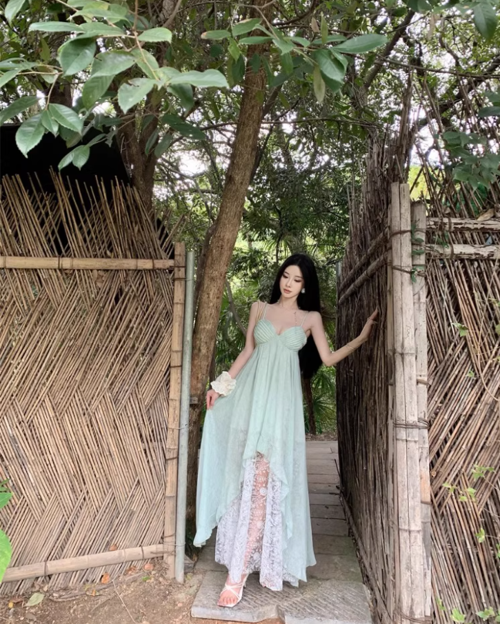Ethereal Asymmetric Hem Mint Green Maxi Dress Lace Splicing Spaghetti Strap Long Dress AP1195