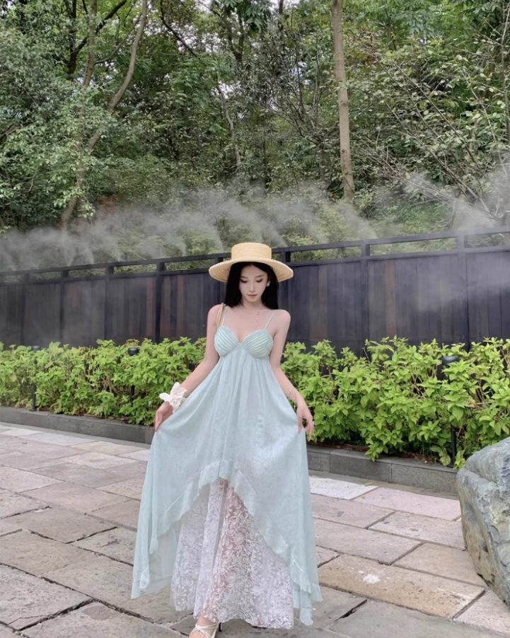 Ethereal Asymmetric Hem Mint Green Maxi Dress Lace Splicing Spaghetti Strap Long Dress AP1195