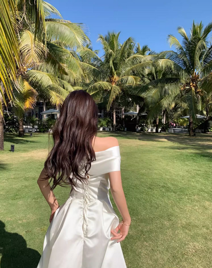 Graceful Ivory Lustrous Fabric Maxi Dress Minimalist Strapless Off-Shoulder Long Dress AP1197