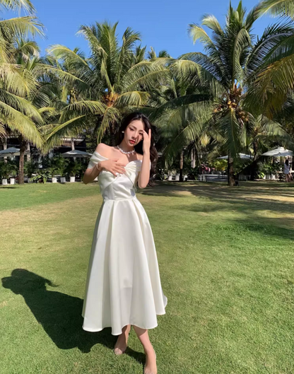 Graceful Ivory Lustrous Fabric Maxi Dress Minimalist Strapless Off-Shoulder Long Dress AP1197