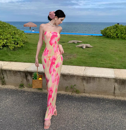 Vibrant Floral Print Flexible Fabric Maxi Dress Seaside Vacays Strapless Bodycon Long Dress AP1198