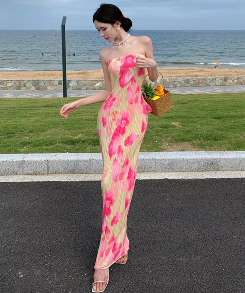 Vibrant Floral Print Flexible Fabric Maxi Dress Seaside Vacays Strapless Bodycon Long Dress AP1198