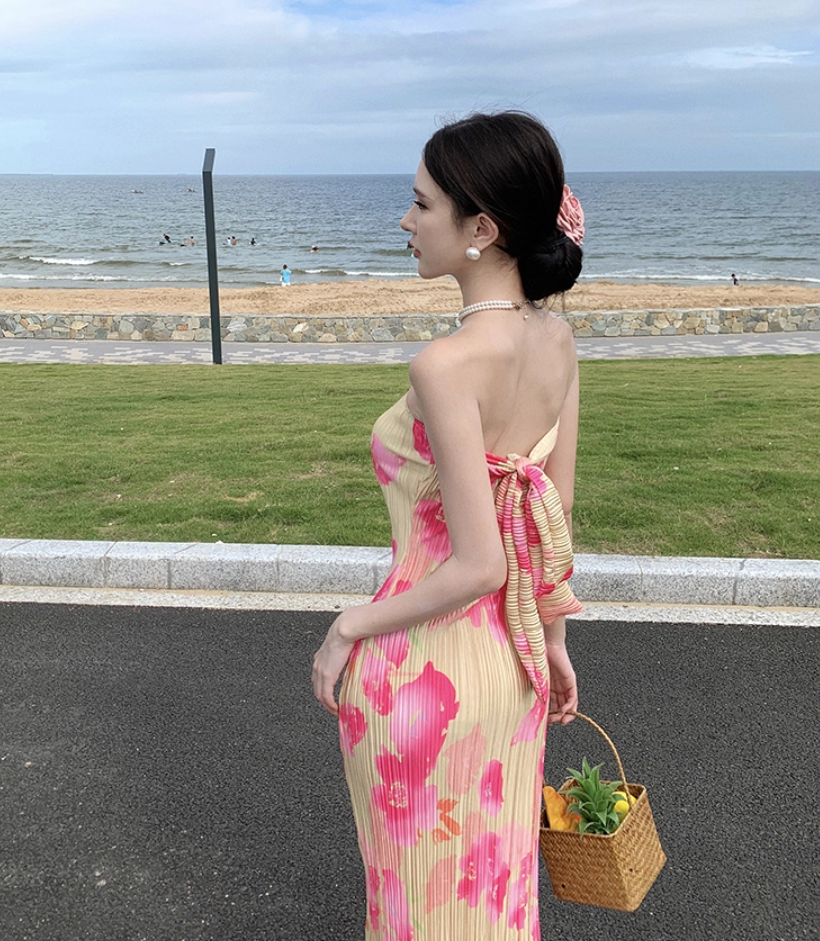 Vibrant Floral Print Flexible Fabric Maxi Dress Seaside Vacays Strapless Bodycon Long Dress AP1198