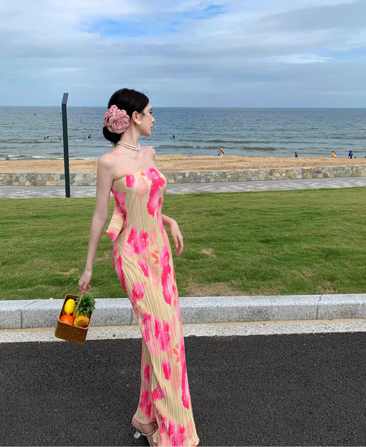 Vibrant Floral Print Flexible Fabric Maxi Dress Seaside Vacays Strapless Bodycon Long Dress AP1198