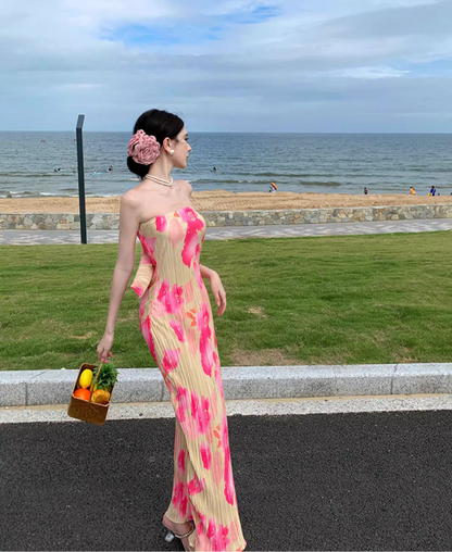 Vibrant Floral Print Flexible Fabric Maxi Dress Seaside Vacays Strapless Bodycon Long Dress AP1198