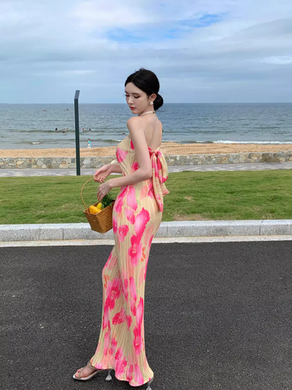 Vibrant Floral Print Flexible Fabric Maxi Dress Seaside Vacays Strapless Bodycon Long Dress AP1198