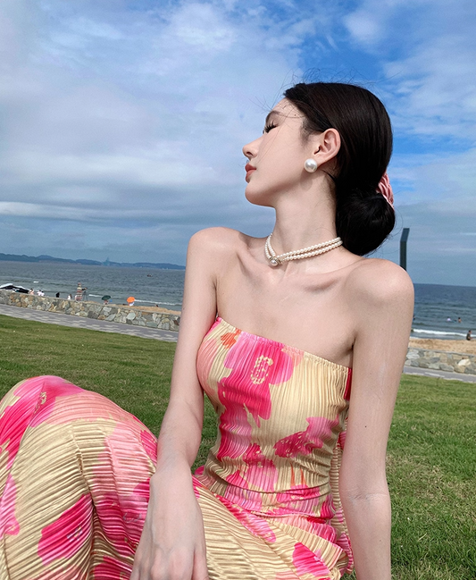 Vibrant Floral Print Flexible Fabric Maxi Dress Seaside Vacays Strapless Bodycon Long Dress AP1198