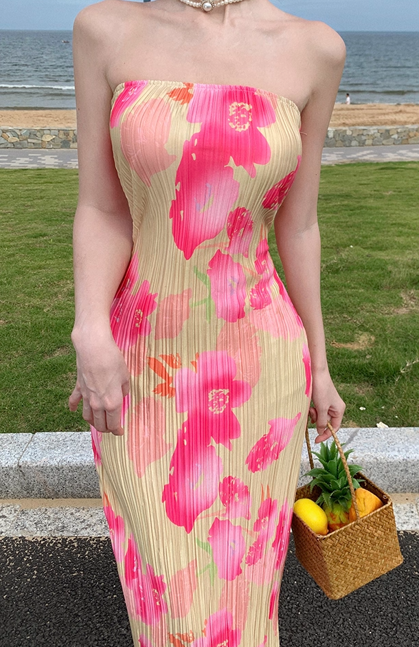 Vibrant Floral Print Flexible Fabric Maxi Dress Seaside Vacays Strapless Bodycon Long Dress AP1198