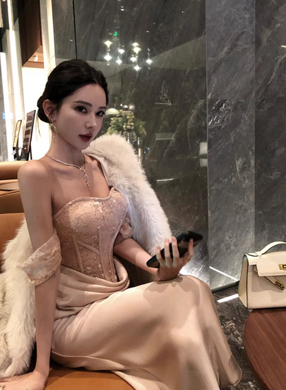 Charming Applique Lace Trimmed Maxi Dress Feast Off-Shoulder Strapless Mermaid Long Dress AP1199