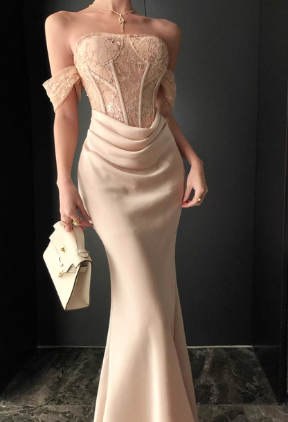 Charming Applique Lace Trimmed Maxi Dress Feast Off-Shoulder Strapless Mermaid Long Dress AP1199