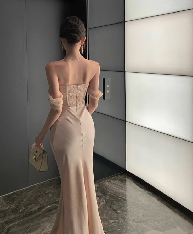 Charming Applique Lace Trimmed Maxi Dress Feast Off-Shoulder Strapless Mermaid Long Dress AP1199