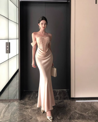 Charming Applique Lace Trimmed Maxi Dress Feast Off-Shoulder Strapless Mermaid Long Dress AP1199