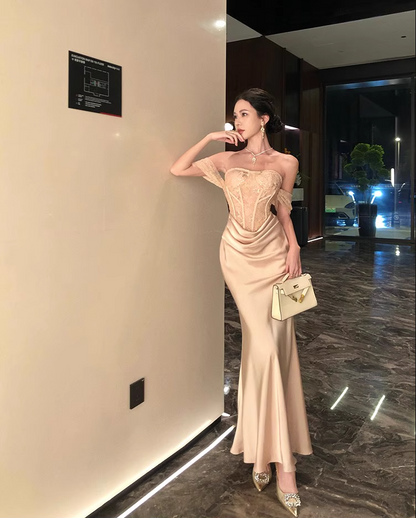 Charming Applique Lace Trimmed Maxi Dress Feast Off-Shoulder Strapless Mermaid Long Dress AP1199