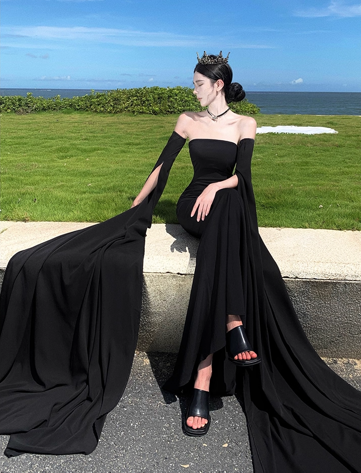 Alluring Sheath Detachable Long Sleeve Maxi Dress Strapless Cutout Waist Mermaid Long Dress AP1200
