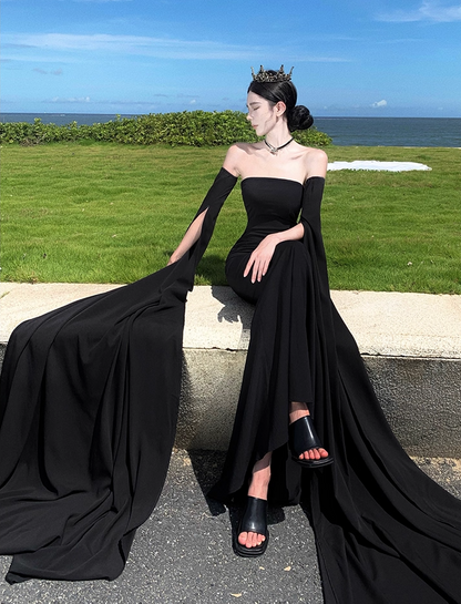 Alluring Sheath Detachable Long Sleeve Maxi Dress Strapless Cutout Waist Mermaid Long Dress AP1200