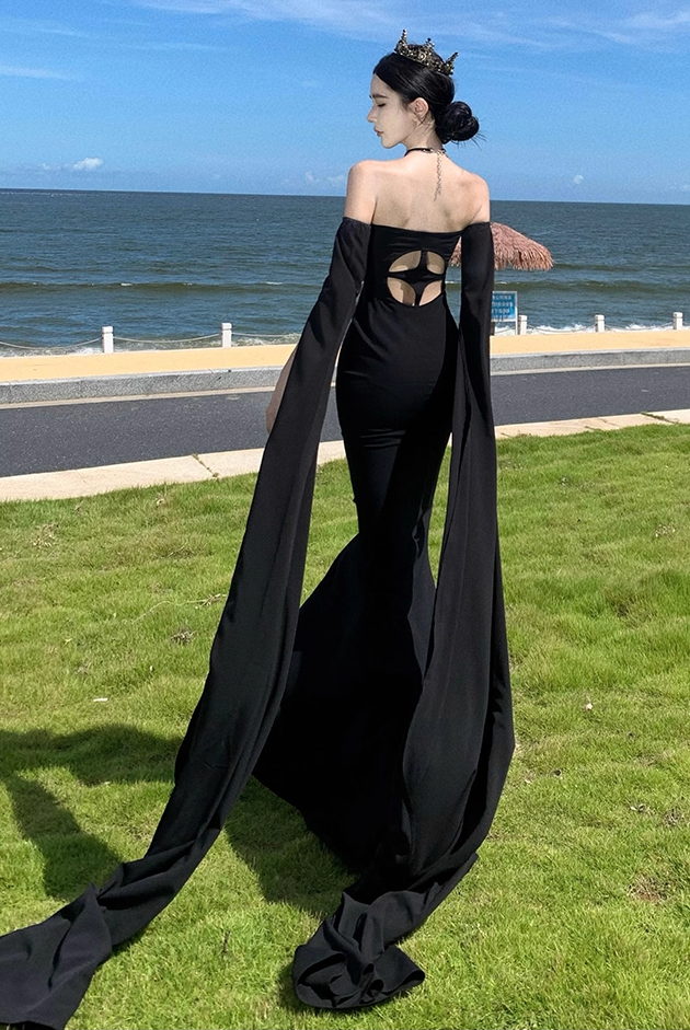 Alluring Sheath Detachable Long Sleeve Maxi Dress Strapless Cutout Waist Mermaid Long Dress AP1200