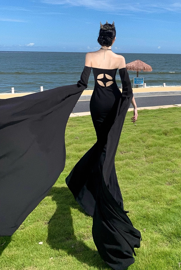 Alluring Sheath Detachable Long Sleeve Maxi Dress Strapless Cutout Waist Mermaid Long Dress AP1200