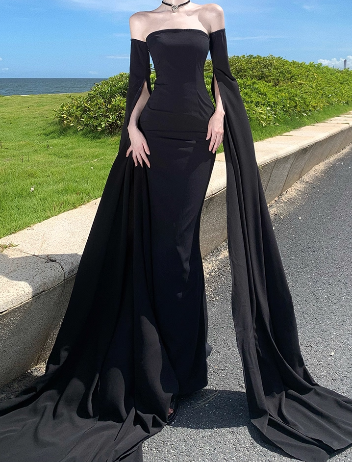 Alluring Sheath Detachable Long Sleeve Maxi Dress Strapless Cutout Waist Mermaid Long Dress AP1200