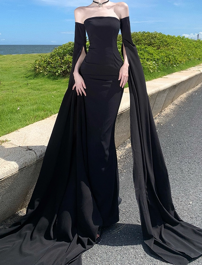 Alluring Sheath Detachable Long Sleeve Maxi Dress Strapless Cutout Waist Mermaid Long Dress AP1200