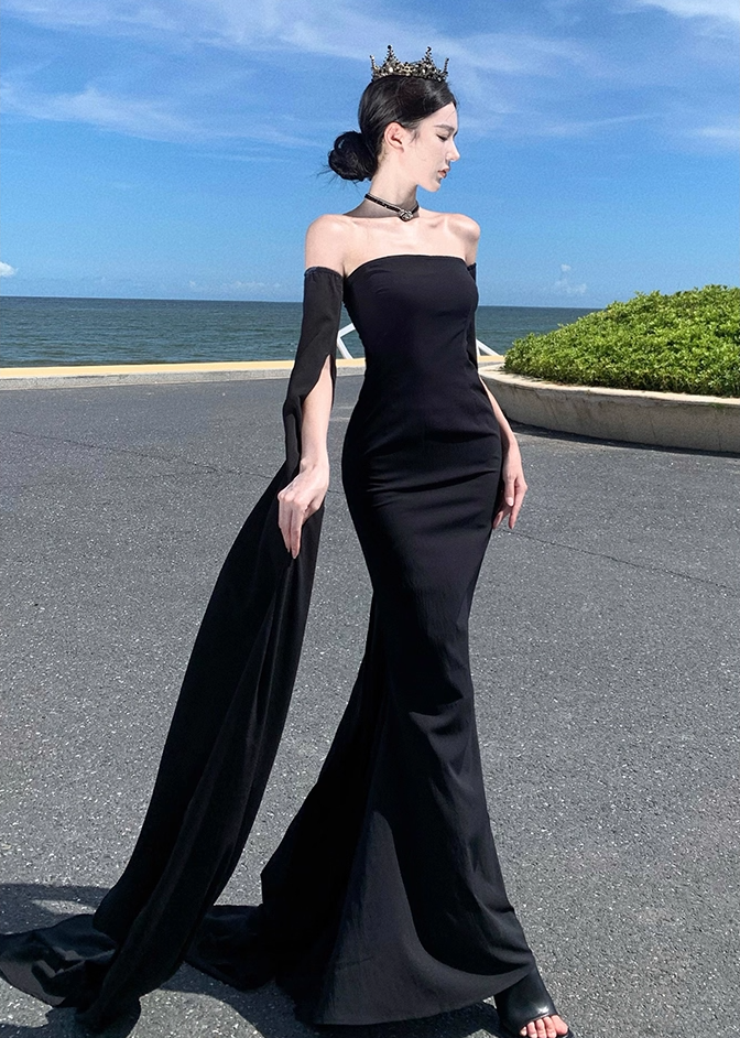 Alluring Sheath Detachable Long Sleeve Maxi Dress Strapless Cutout Waist Mermaid Long Dress AP1200