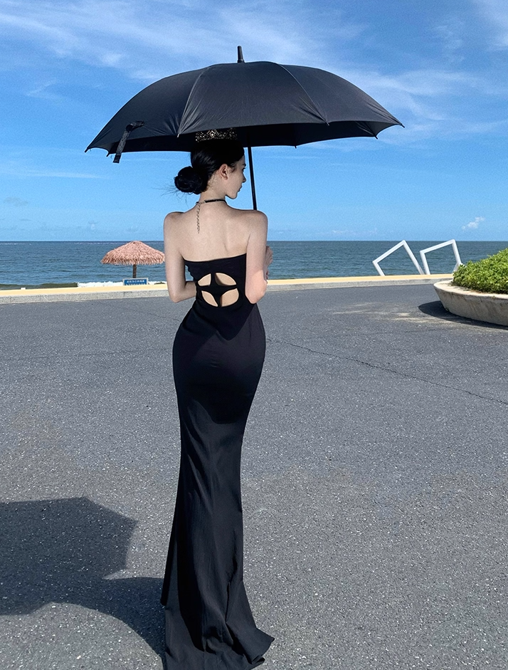 Alluring Sheath Detachable Long Sleeve Maxi Dress Strapless Cutout Waist Mermaid Long Dress AP1200
