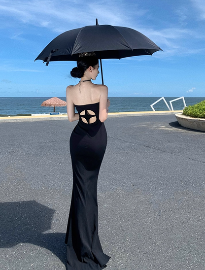 Alluring Sheath Detachable Long Sleeve Maxi Dress Strapless Cutout Waist Mermaid Long Dress AP1200