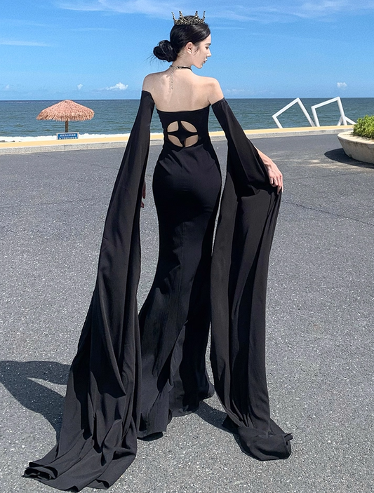 Alluring Sheath Detachable Long Sleeve Maxi Dress Strapless Cutout Waist Mermaid Long Dress AP1200