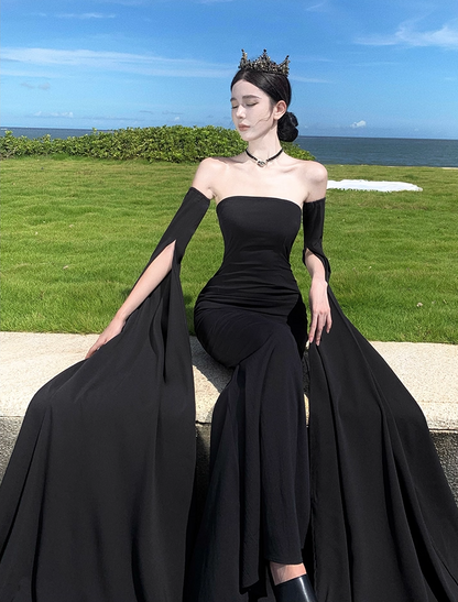 Alluring Sheath Detachable Long Sleeve Maxi Dress Strapless Cutout Waist Mermaid Long Dress AP1200