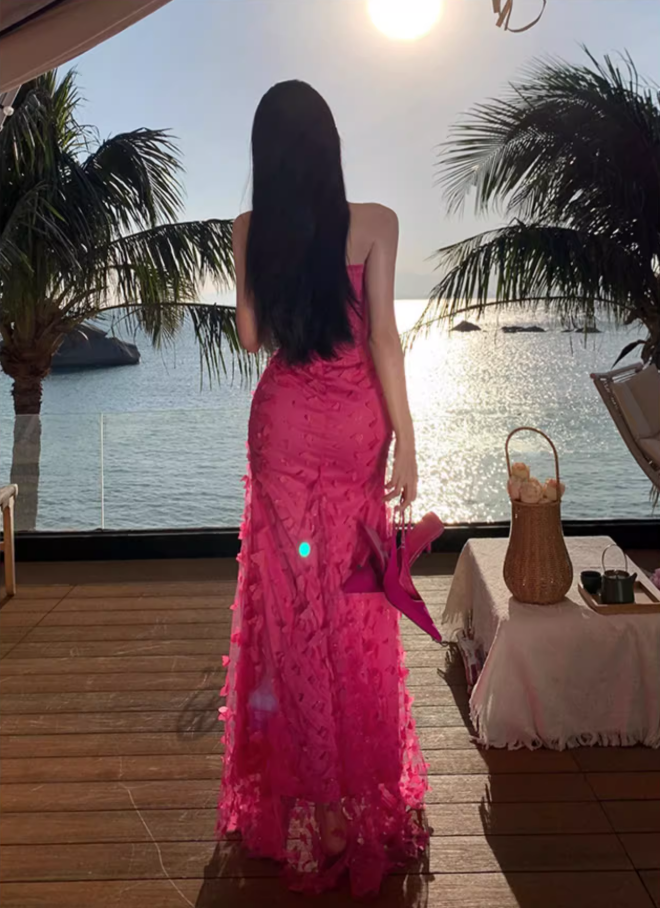 Sexy Pink Sheath Stereo Butterflies Tulle Overlay Maxi Dress Strapless Double Layers Long Dress AP1201