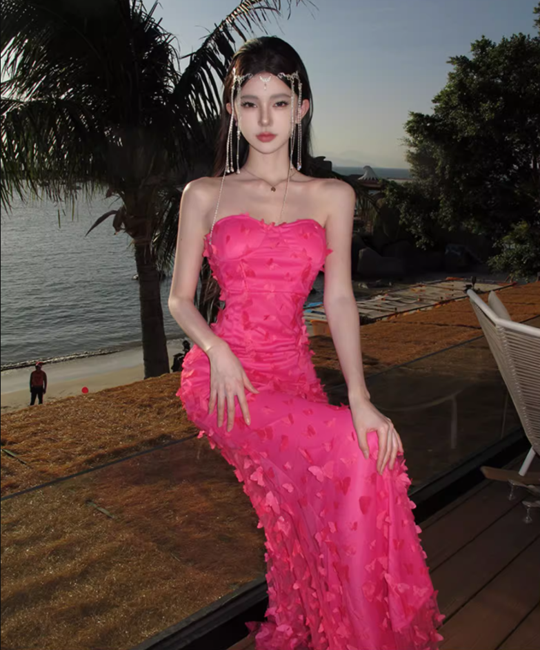 Sexy Pink Sheath Stereo Butterflies Tulle Overlay Maxi Dress Strapless Double Layers Long Dress AP1201