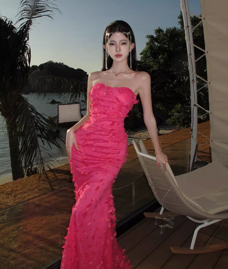 Sexy Pink Sheath Stereo Butterflies Tulle Overlay Maxi Dress Strapless Double Layers Long Dress AP1201