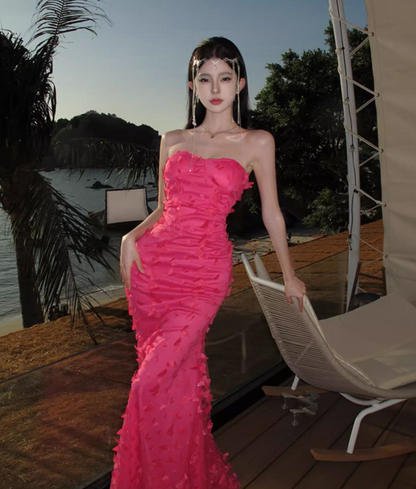 Sexy Pink Sheath Stereo Butterflies Tulle Overlay Maxi Dress Strapless Double Layers Long Dress AP1201