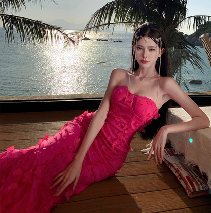 Sexy Pink Sheath Stereo Butterflies Tulle Overlay Maxi Dress Strapless Double Layers Long Dress AP1201